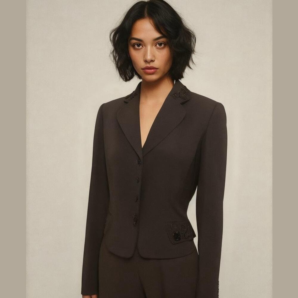 Tahari ASL Brown Beaded Floral Trim Evening Career Dressy Jacket Blazer 8